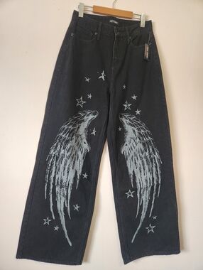NWT Hot Topic Black Wing Star Print Wide Leg Jeans Y2K Mall Goth Baggy Size 7/28